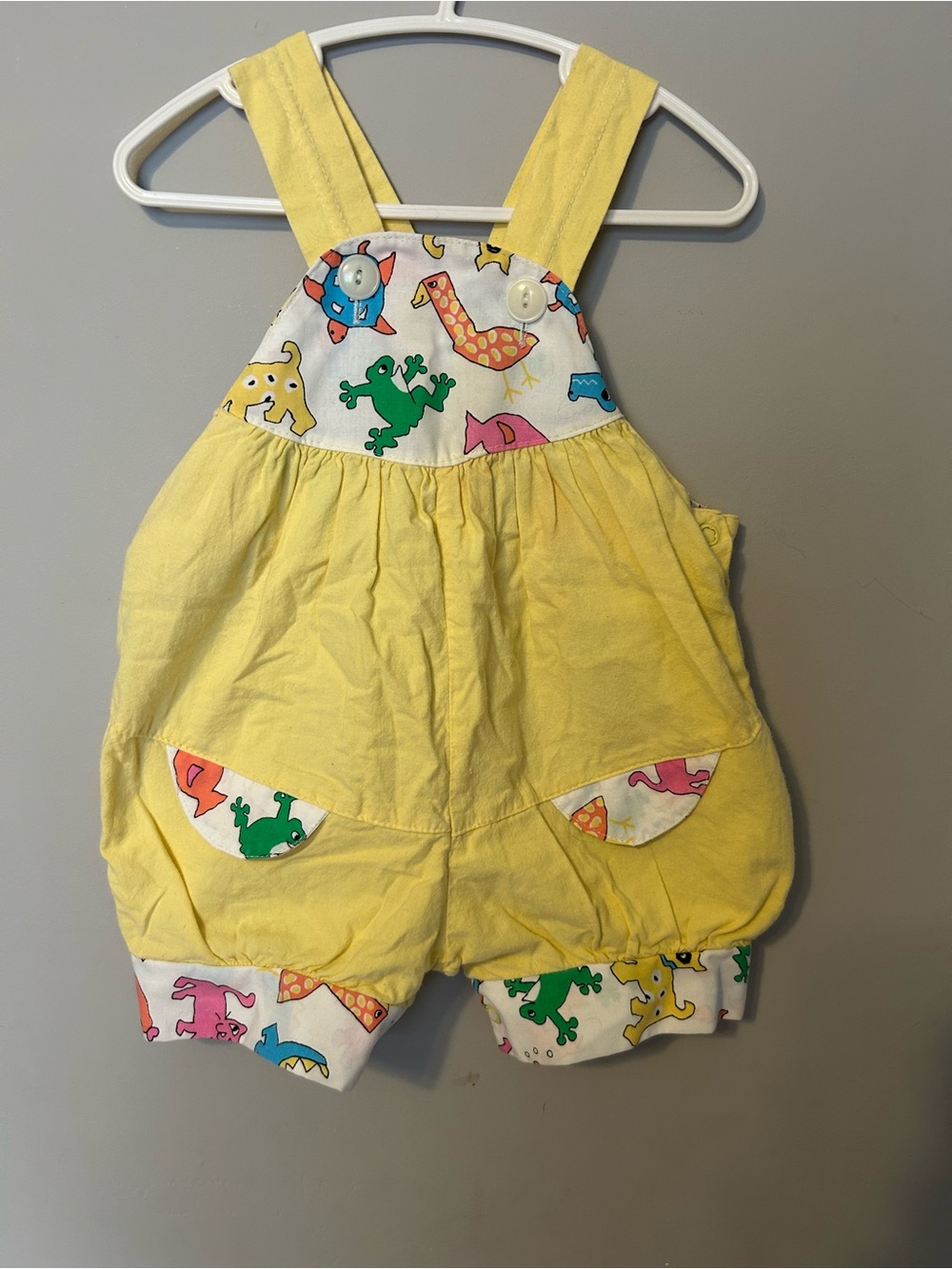 Vintage Ruffniks Yellow Baby Romper with Colorful Animal Print